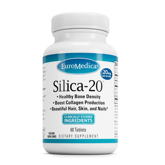 EuroMedica Silica-20 bottle front displaying tablets for bone support
