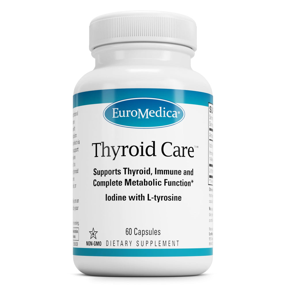 EuroMedica Thyroid Care bottle showing clean design and capsules for daily thyroid support.