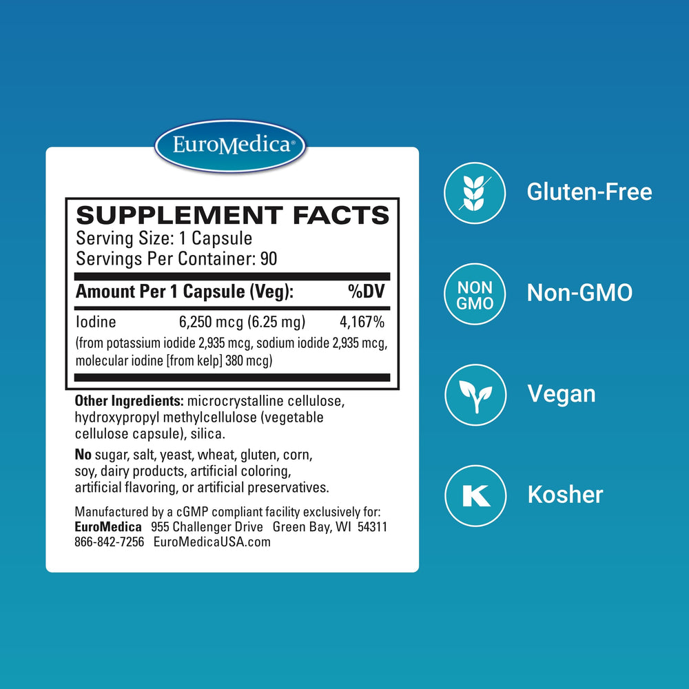 Label close-up on EuroMedica Tri-Iodine highlighting kelp-derived iodine ingredients.