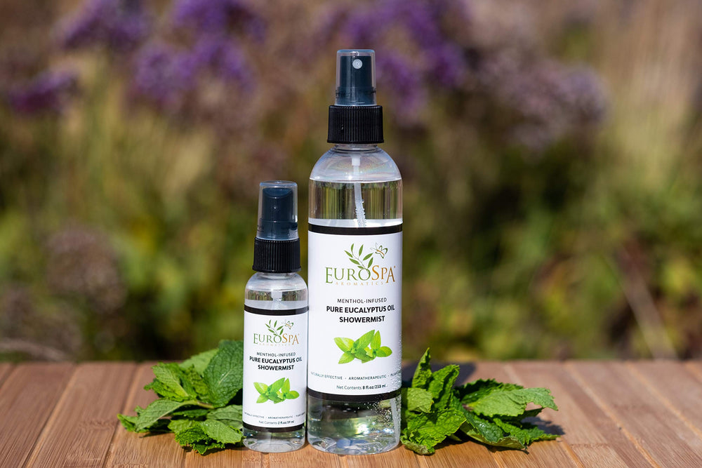 EuroSpa Aromatics menthol-infused eucalyptus closeup highlights invigorating scent.