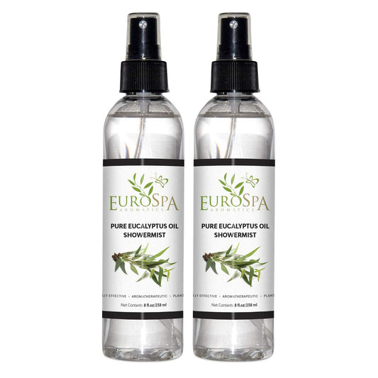 EuroSpa Aromatics eucalyptus oil bottle for a spa-like home shower.
