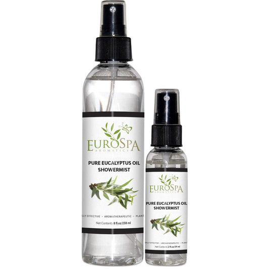 EuroSpa Aromatics Pure Eucalyptus ShowerMist bottle (8oz) for energizing home aromatherapy.