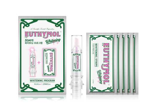 Euthymol booster gel showing pink to white color change for whitening progress