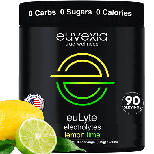 Brand: Euvexia euLyte canister with lemon-lime flavor for zero-sugar hydration