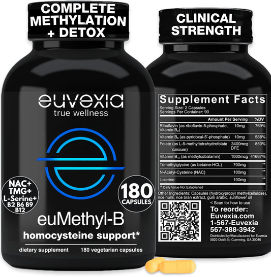 Euvexia euMethyl-B bottle front highlighting complete methylated B complex benefits.