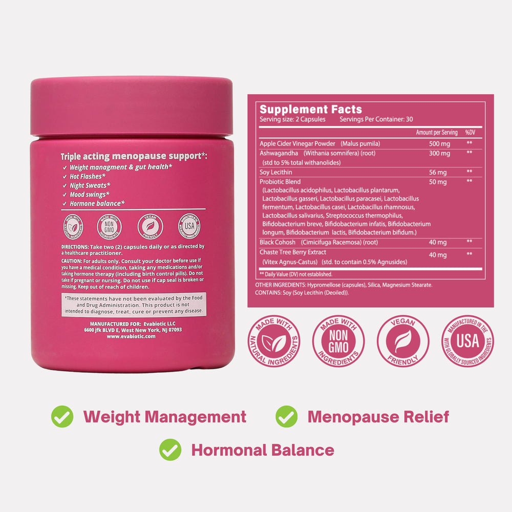 Close-up of EVABIOTIC probiotic capsules emphasizes gut health support.