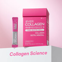 EVER COLLAGEN TIME label close-up highlighting biotin and vitamins.