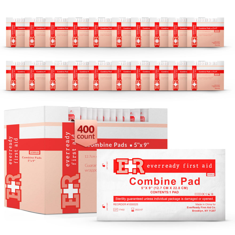 Ever Ready First Aid ABD pads 5x9, sterile and individually wrapped for clean wound care.