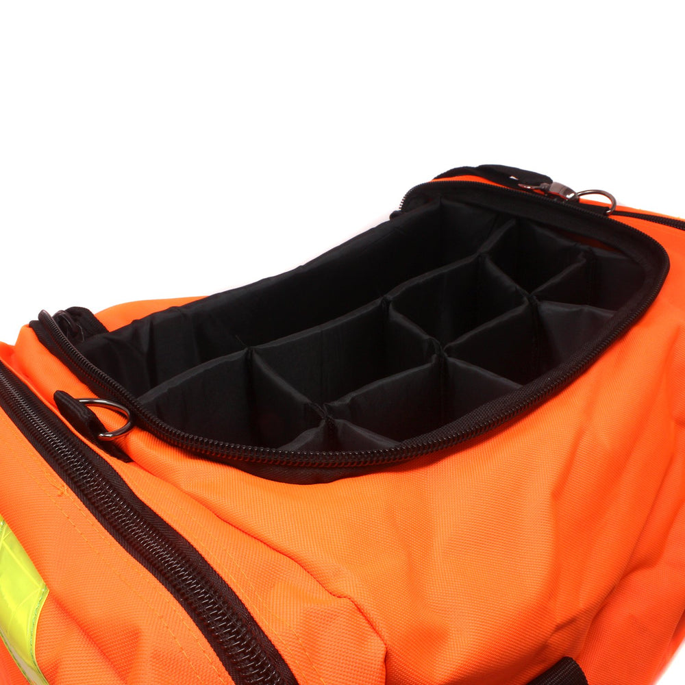 Ever Ready First Aid orange EMT trauma bag open main compartment demonstrates organized storage options