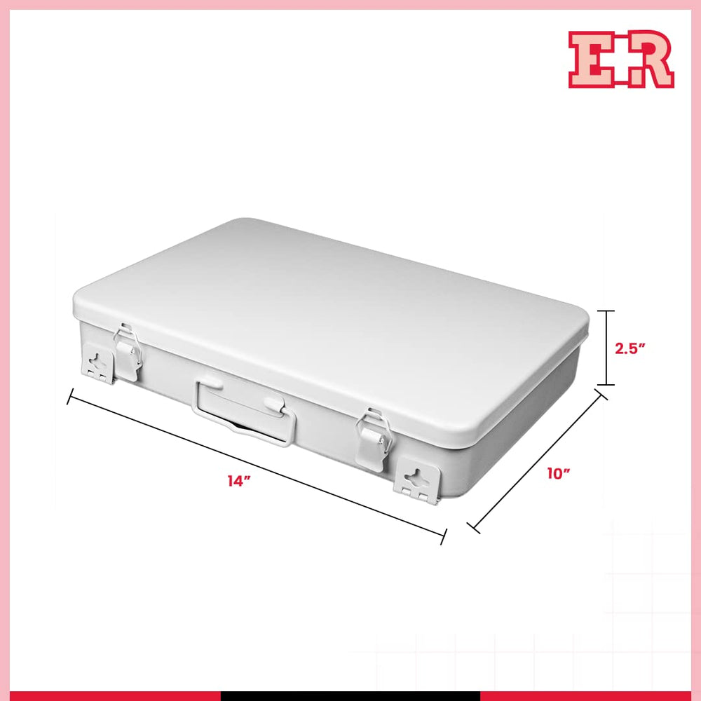 Ever Ready First Aid metal case interior with shelf divider for organization.
