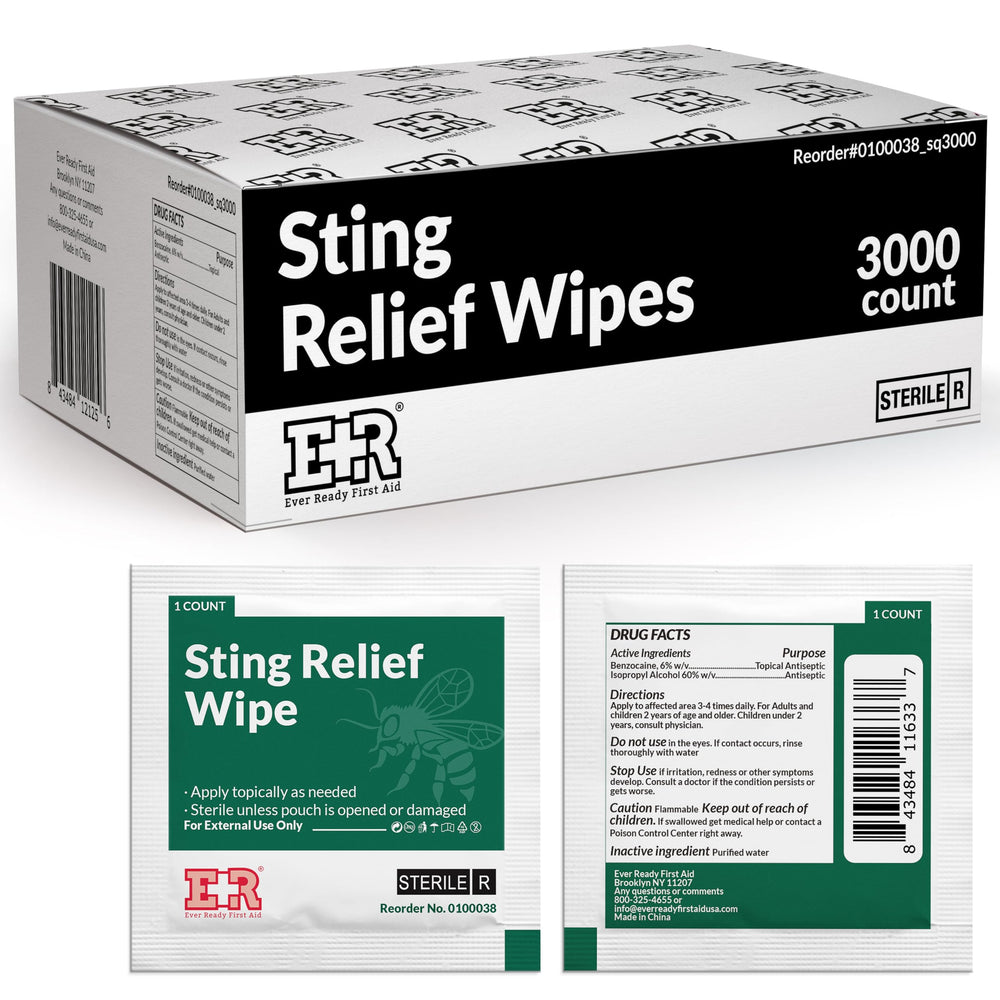 Ever Ready First Aid Sting Relief Wipes 3000-count pack for quick bite relief during outdoor adventures.