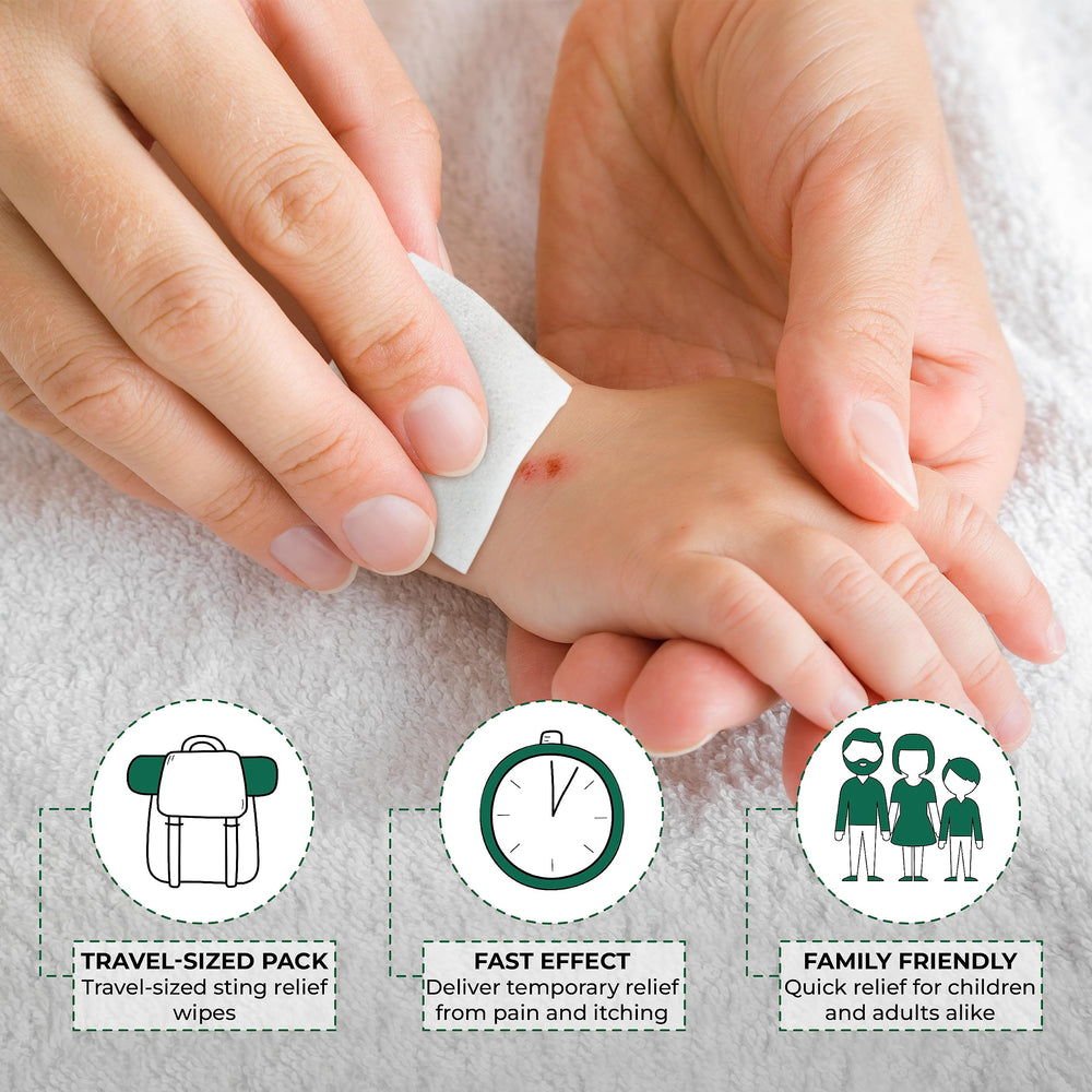 Six boxes of Ever Ready Sting Relief Wipes included for family first aid