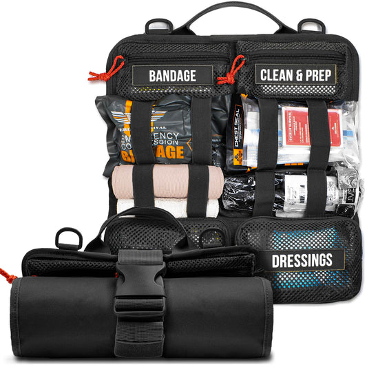 Everlit roll-up trauma kit with tourniquet for rapid access in emergencies.