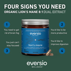Eversio Wellness Lion’s Mane fruiting body capsule emphasizing pure, grain-free extract for cognitive support.