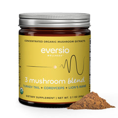 Eversio Wellness Organic 3 Mushroom Blend Powder in tub boosts morning vitality