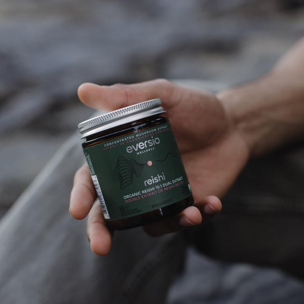 Eversio Wellness Organic Reishi packaging emphasizes organic quality and testing.