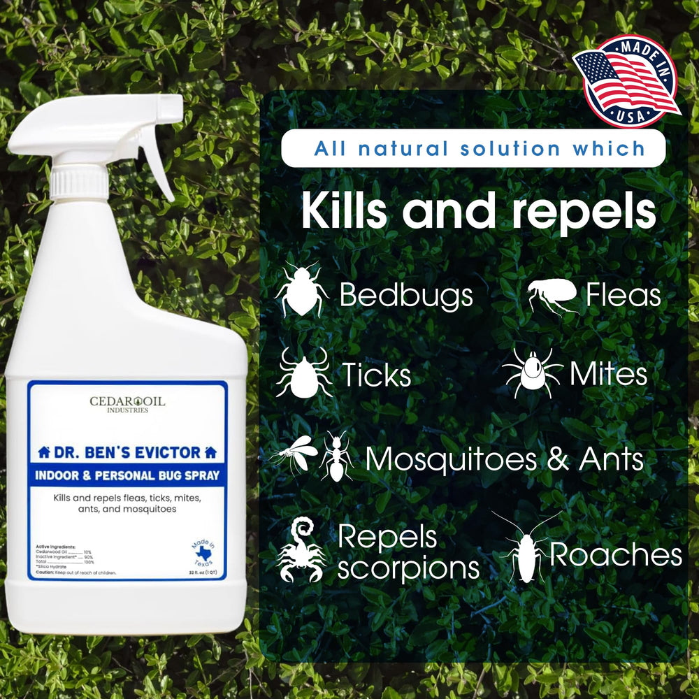Evictor spray applied to clothing for odor-free protection against bites.