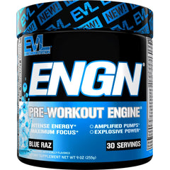 EVL ENGN blue Raz label highlights the energy-boosting formula for focused workouts.