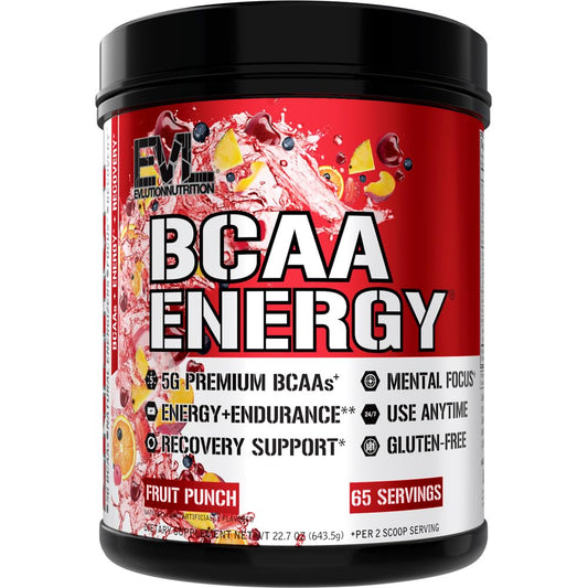 EVL BCAAs fruit punch bottle ready for pre-workout energy and recovery.