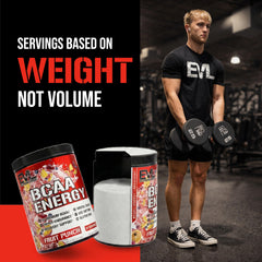 Glass with dissolved EVL BCAAs drink after training highlighting energy support.