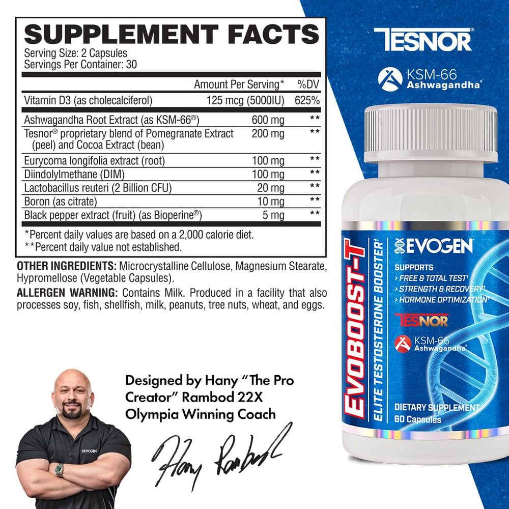 Evogen Evoboost-T bottle label closeup highlighting ingredients and quality.