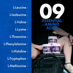 Evogen Amino K.E.M. bottle label visible indicating full amino acid spectrum.