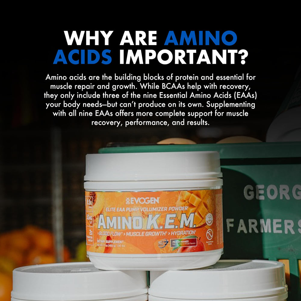 Evogen Amino K.E.M. post-workout recovery setup suggesting muscle support