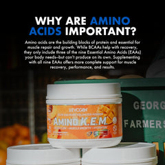 Evogen Amino K.E.M. post-workout recovery setup suggesting muscle support