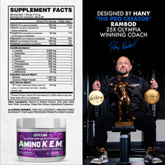 Evogen Amino K.E.M. scoop dispensing powder for quick post-workout mix.