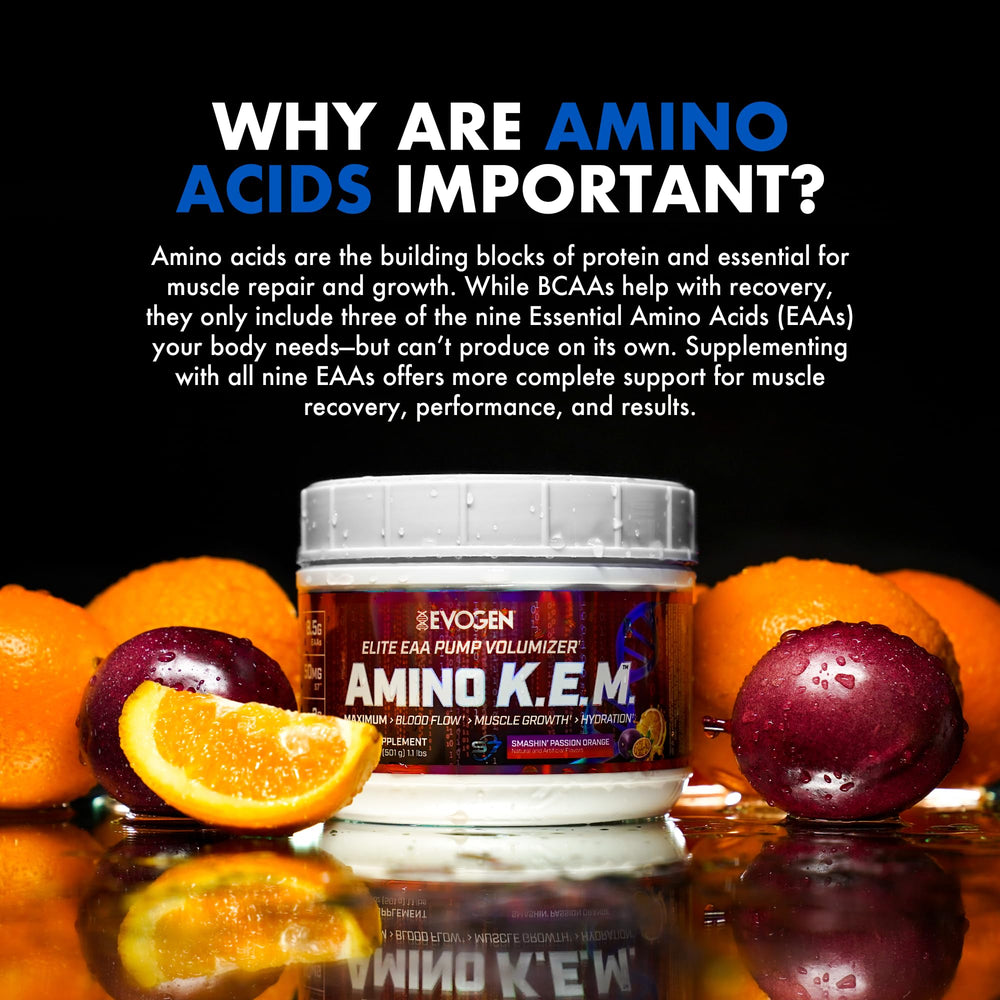 Evogen Amino K.E.M. tub-front highlights Raspberry Lemonade flavor and serving size.