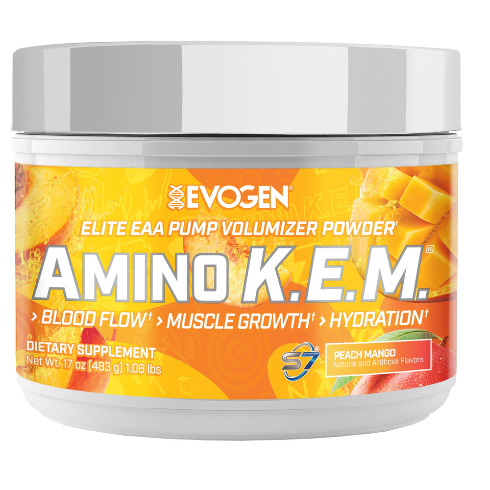 Evogen Amino K.E.M. tub label highlights EAAs and BCAAs for muscle support