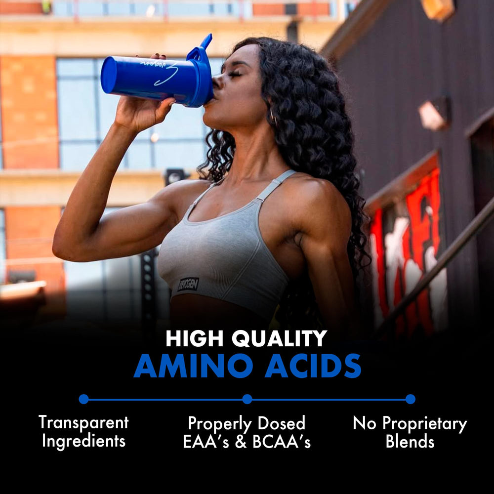 Evogen Amino K.E.M. tub label helps identify the amino acid blend before workouts.