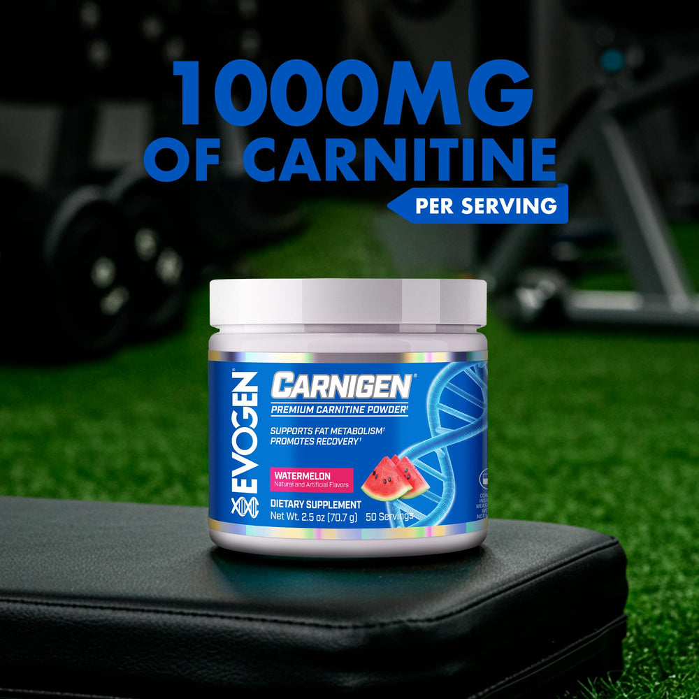 Evogen Carnigen label ingredients close-up highlighting BioPerine and vitamins for absorption.