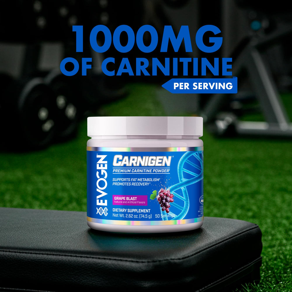 Evogen Carnigen powder close-up showcases L-Carnitine Matrix and vitamins.