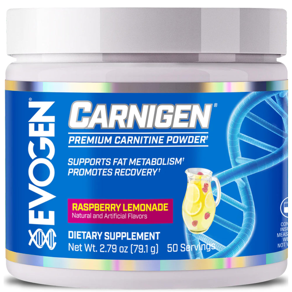 Evogen Carnigen raspberry lemonade bottle highlights stimulant-free fat metabolism support.