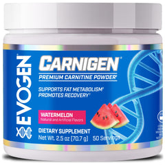 Evogen Carnigen watermelon bottle highlighting stimulant-free fat metabolism support for workouts.