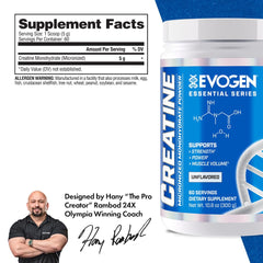Evogen Creatine Monohydrate packaging on display, unflavored formula with 60 servings.