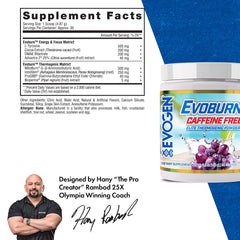 Evogen Evoburn caffeine-free grape blast label highlights key ingredients.