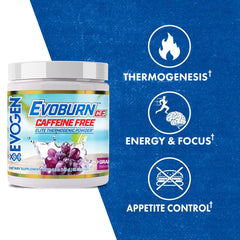 Evogen Evoburn caffeine-free grape blast scoop for easy mixing.