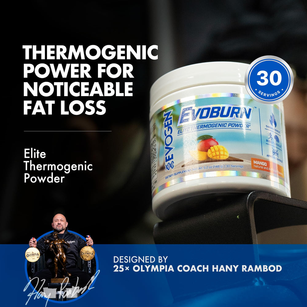 Close-up of Evogen Evoburn Mango capsules highlighting key ingredients.