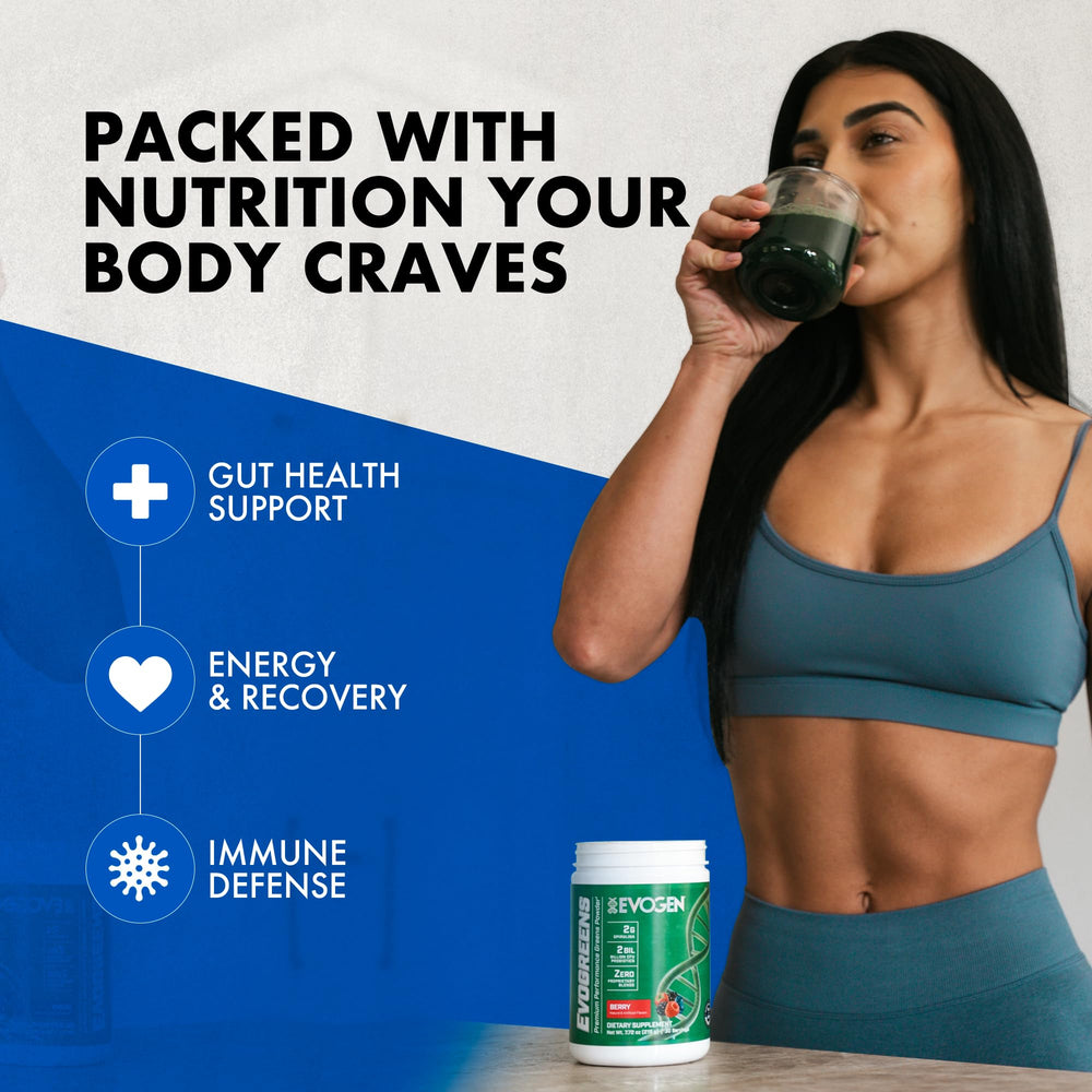 Evogen Evogreens berry bottle back with ingredients and usage tips for daily wellness