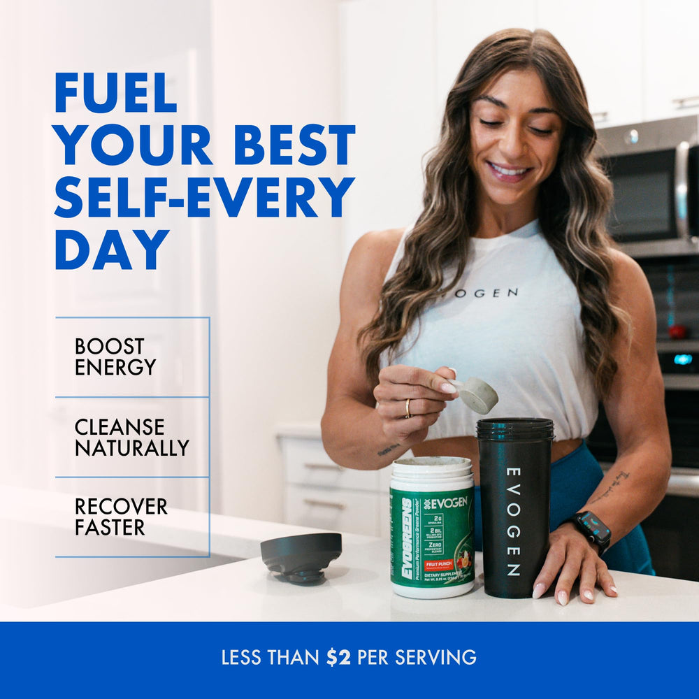 Evogen Evogreens lifestyle usage, pre- or post-workout greens ritual.
