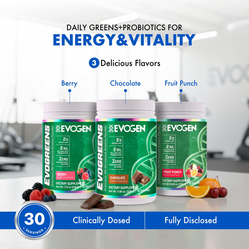 Evogen Evogreens powder scoop, easy dosing for on-the-go nutrition.