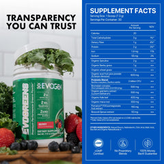 Evogen Evogreens spirulina powder pack showing nutrient dense greens