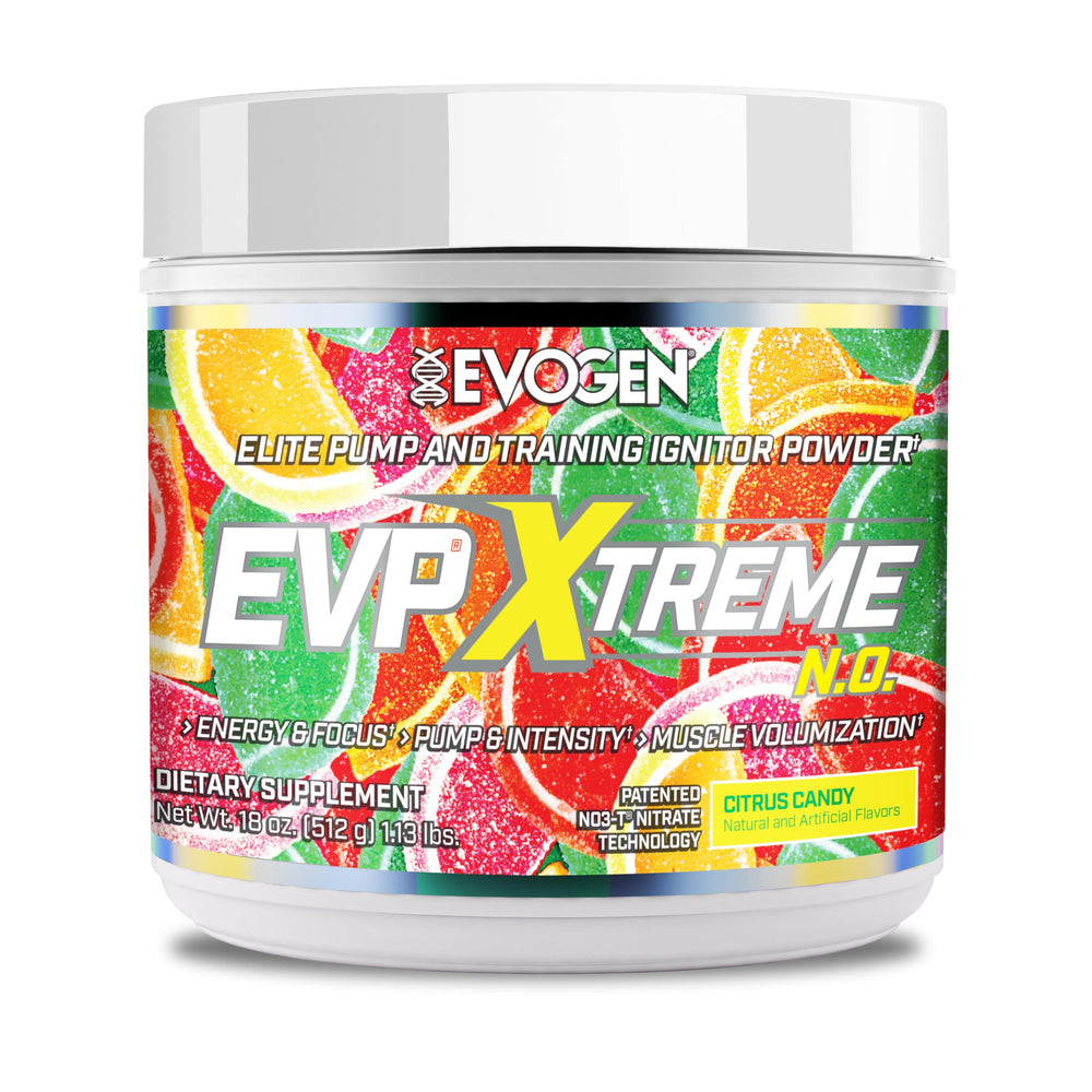 Evogen EVP Xtreme NO bottle demonstrating pump-action for intense workouts.