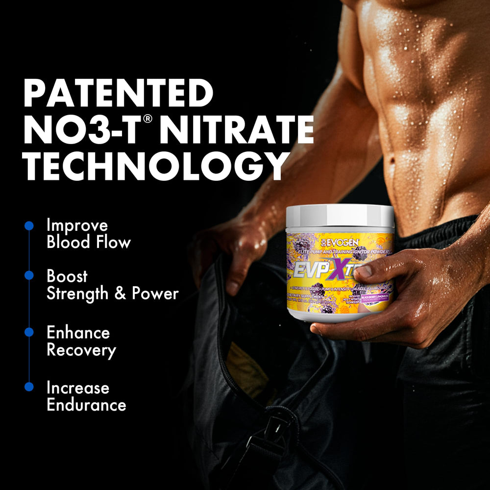 Close-up of Evogen EVP Xtreme NO powder emphasizing beta-alanine endurance support