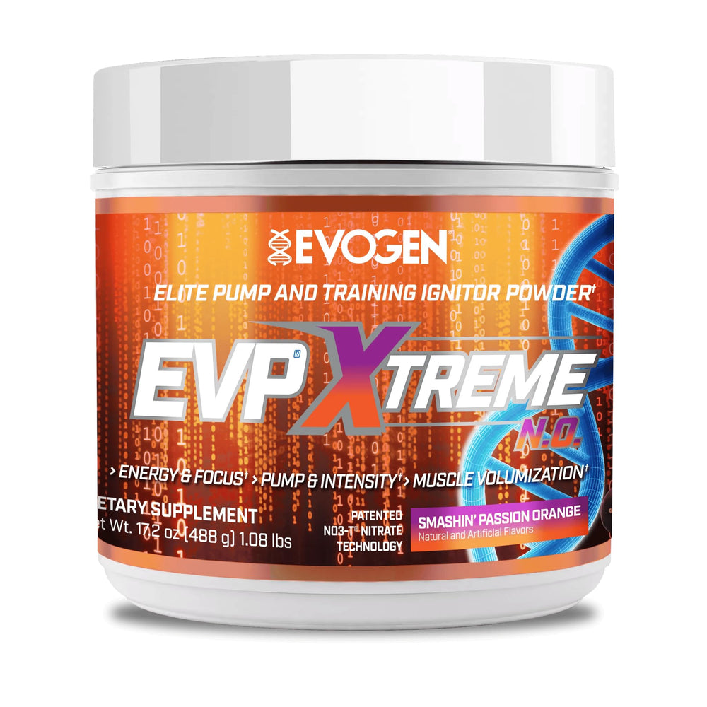 Evogen EVP Xtreme NO bottle with Smashin' Passion Orange for an energy boost during workouts