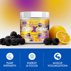 Evogen EVP Xtreme NO jar illustrating creatine and hydration-enhancing ingredients
