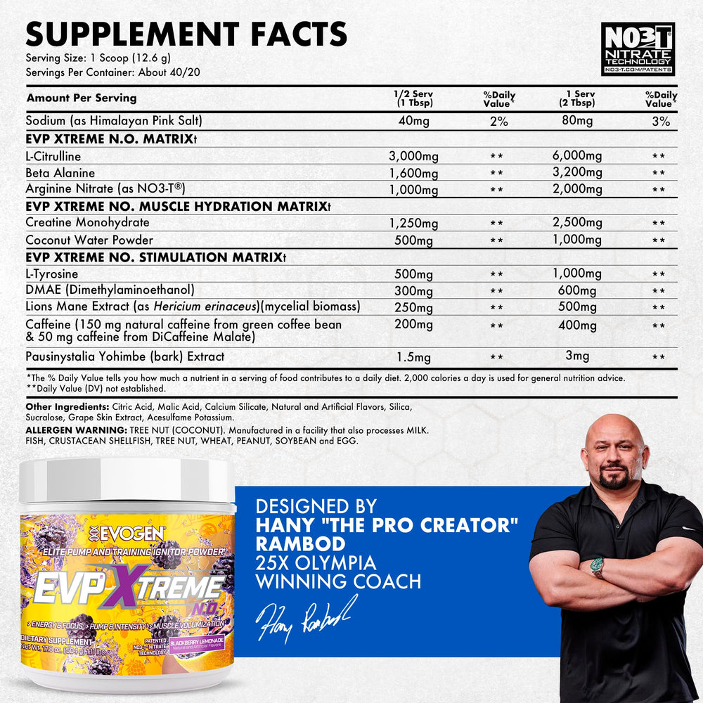 Evogen EVP Xtreme NO container highlights sugar-free energy and focus benefits