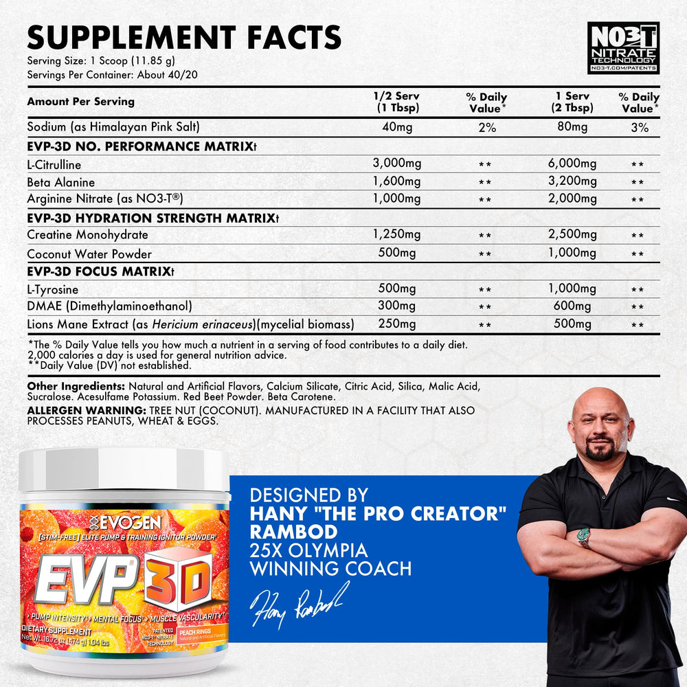 Evogen EVP-3D with arginine-nitrate visual for enhanced workout support